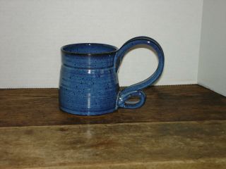 Hand Thrown Pottery Coffee Mug Oversized Handle Blue Signed