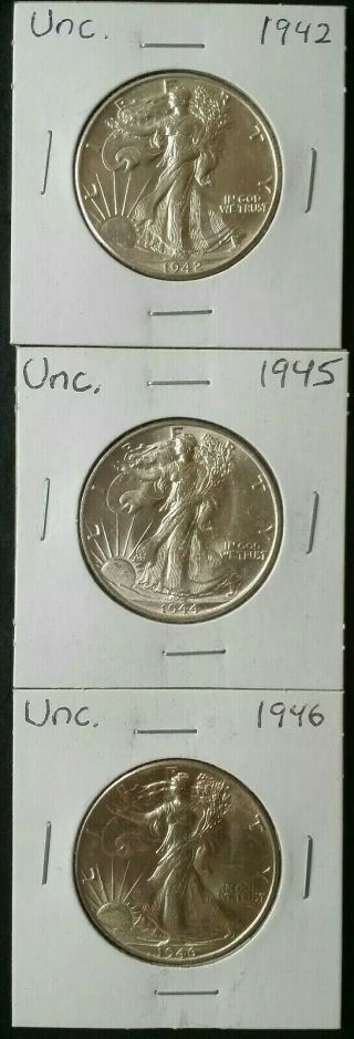 1942,  1945,  And 1946 50c Walking Liberty Silver Half Dollars
