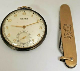 Vintage Gruen Veri - Thin Pocket Watch Crack In Glass Gold Color Pocket Knife