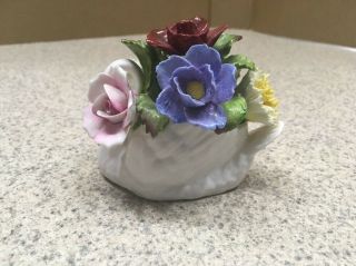 Aynsley England Bone China Hand Painted And Modelled Porcelain Flowers Swan Vase