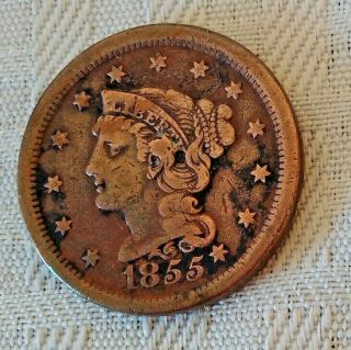 Vintage Antique 1855 U.  S.  Coin Large Cent 1c Braided Hair Slanted 55 Copper