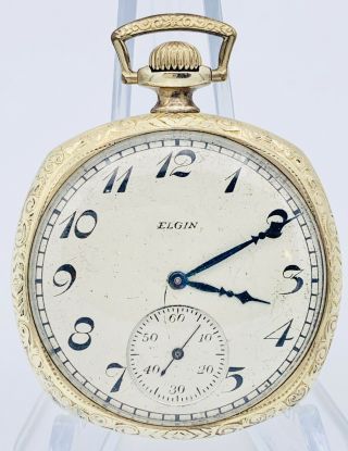 Vintage 12s 17j Art Deco Elgin Giant Pocket Watch In Gold Filled Case