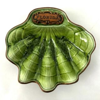 Tiki Vtg Treasure Craft Florida Pottery Oyster Shell Ashtray Giant Clam Green