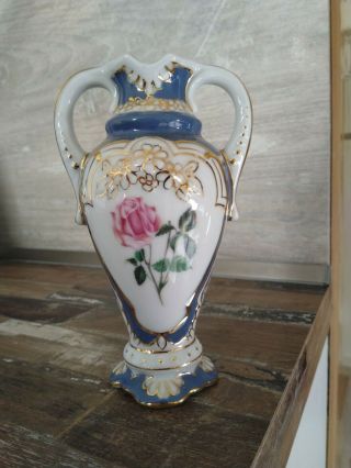 Retro Vintage Royal Dux White Blue Gold Porcelain Vase