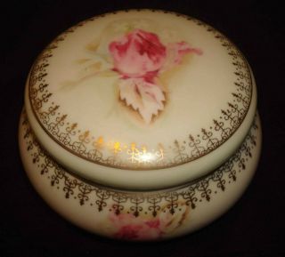 Vintage Nippon Hand Painted Rose Flower Gold Vanity Dresser Powder Jar Box W/lid