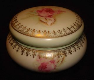 Vintage Nippon Hand Painted Rose Flower Gold Vanity Dresser Powder Jar Box w/Lid 2