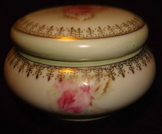 Vintage Nippon Hand Painted Rose Flower Gold Vanity Dresser Powder Jar Box w/Lid 3