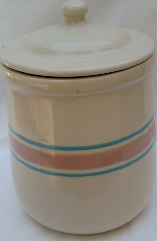 Vtg McCoy Pink & Blue Stripe Cookie Jar Canister Stone Craft Yelloware - 1980s 2