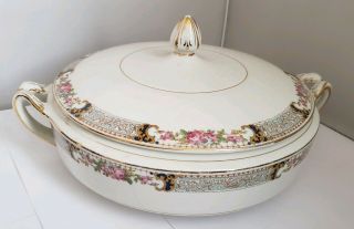 Alfred Meakin England Covered Serving Bowl Floral Gold White Porcelain Casserole