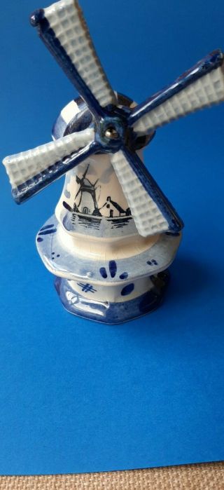 Vintage Hand - Painted Blue Delft Ceramic Windmill Motion Spinning