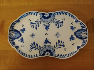 Vintage Small Delft Blue & White Floral Tray Handpainted In Holland