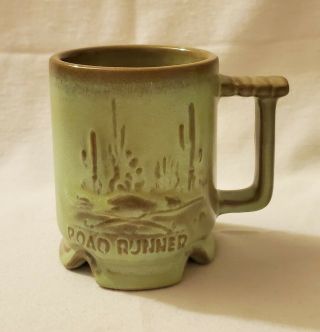 Vntg Frankoma Pottery Prairie Green Footed Road Runner Coffee Cup Mug C1 (w32)