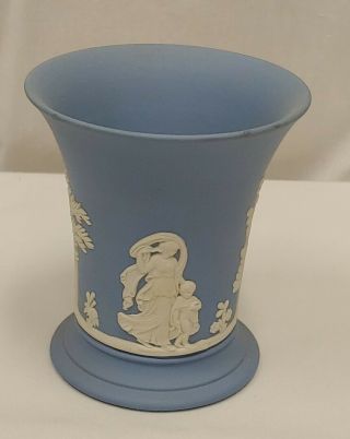 Vintage Wedgwood Blue Jasperware Small Trumpet Vase With Grecian Scene
