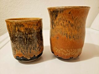 Set Of 2 Studio Art Pottery Ceramic Drip Glaze Mugs Cups Vases - Artist Signed
