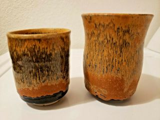 Set of 2 Studio Art Pottery Ceramic Drip Glaze Mugs Cups Vases - Artist Signed 2