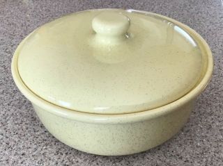 Vtg Pastel Yellow Speckled Casserole Dish W Lid Bauer Vegetable Covered Bowl 50s