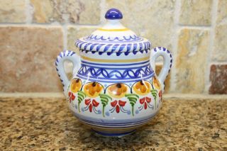 Ceramical Hand - Painted Hand Made In Spain Handled Sugar Bowl Set With Lid
