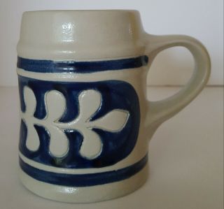 Williamsburg Pottery Salt Glaze Signed Mug Tankard Cobalt Blue Gray Oak Leaf