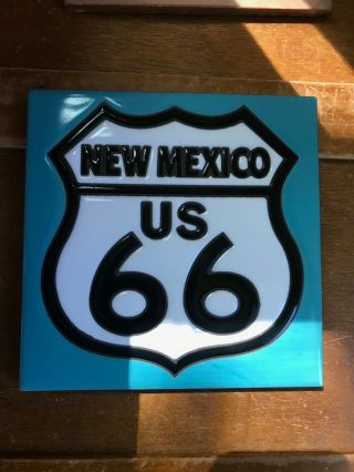 Hand N Hand Blue Glazed with Mexico ROUTE 66 Road Signed Pottery Tile Trivet 2