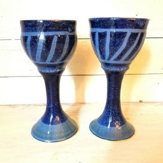 Vintage Studio Pottery Cobalt Blue Speckled Goblets Set Of Two Wine Stemware