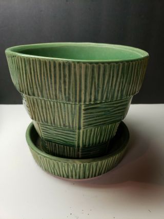 Vintage Mccoy Art Pottery Bamboo Green Planter Vase With Saucer