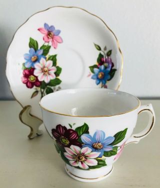 Royal Vale Bone China Footed Cup Saucer Pink & Blue Flowers Gold Trim England