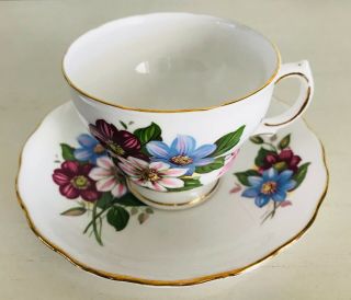 Royal Vale Bone China Footed Cup Saucer Pink & Blue Flowers Gold Trim England 2