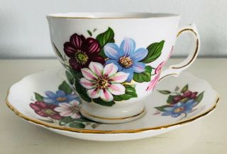 Royal Vale Bone China Footed Cup Saucer Pink & Blue Flowers Gold Trim England 3