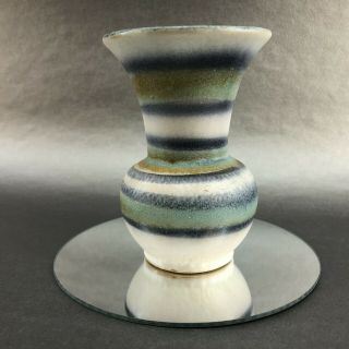 West Germany Mid Century Modern Pottery 5” Vase Green Striped Fat Lava Vintage