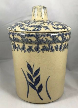 Vintage Roseville Ohio Rrp Co Stoneware Crock Blue Spongeware Pot With Lid
