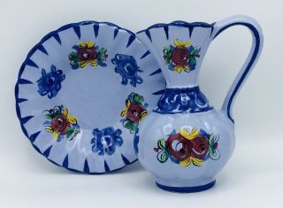 Vtg Hand Painted Ceramic Pitcher/ewer Blue Floral W/saucer Made Inportugal 750