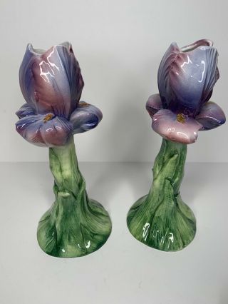 Lord & Taylor Iris Tulip Majolica Ceramic Porcelain Candle Holder Made In Italy