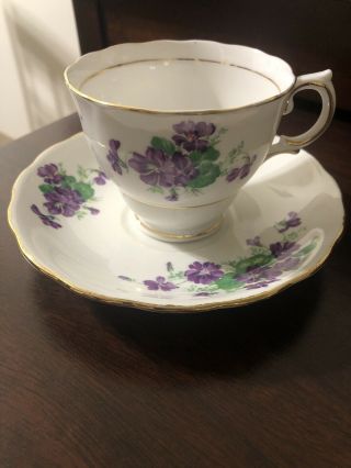 Colclough Bone China Teacup And Saucer Purple Flowers Gold Trim