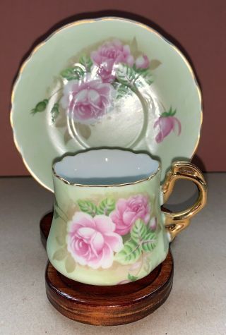 Lefton China,  Heritage Green,  Demitasse Cup & Saucer,  05853,  Hand Painted,  1987
