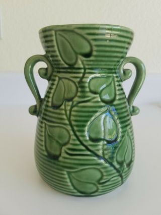 Vintage Shawnee Pottery Green Ivy Leaf Vase - Double Handles