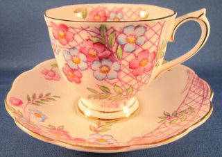 Royal Albert Bone China Teacup & Saucer (2722) Pink & Blue Flowers,  Pink Trellis