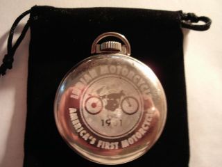 Vintage Westclox Pocket Watch Indian Motorcycle Theme Case Runs Well.