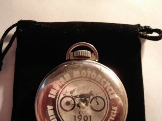 Vintage Westclox Pocket Watch Indian Motorcycle Theme Case Runs Well. 3