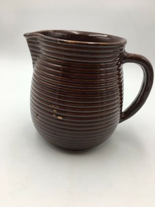 Vintage Monmouth Western Pottery Milk Pitcher Brown Ribbed Maple Leaf