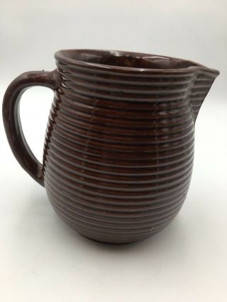 VINTAGE MONMOUTH WESTERN POTTERY MILK PITCHER BROWN RIBBED MAPLE LEAF 2
