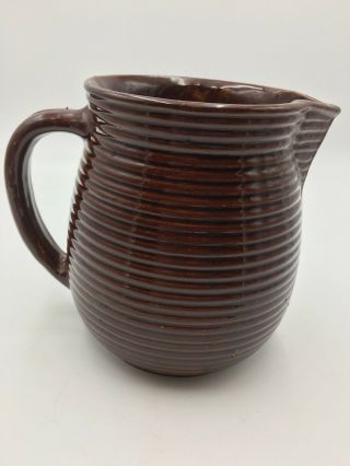VINTAGE MONMOUTH WESTERN POTTERY MILK PITCHER BROWN RIBBED MAPLE LEAF 3
