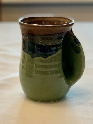 Neher Pottery Hand Warmer Mug Cup Earth Brown,  Blue & Green,  Signed 2018
