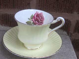 Paragon Yellow Fluted White Interior Red Roses Gold Trim Footed Cup Saucer 1960s