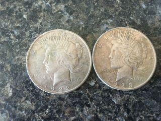 2 Peace Silver Dollars 1922 1923