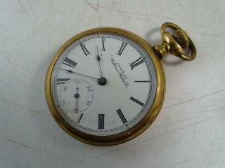 Antique American Waltham Open Face Pocket Watch 1800s Porcelain Dial Gold Filled