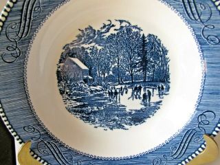 Royal China Blue Currier And Ives Flat Soup/pasta Bowls 8.  5 " - Early Winter