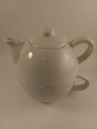 Pier 1 Stackable Tea For One 3 Piece Teapot/mug Set Lid Cup Ivory White