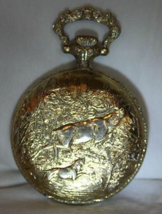 Arnex Pocket Watch,  Swiss Made,  17 Jewels,  Incabloc,  Deer And Dog On Case