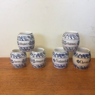 Antique German China Blue Onion Set 6 Spice Jars.  No Lids.