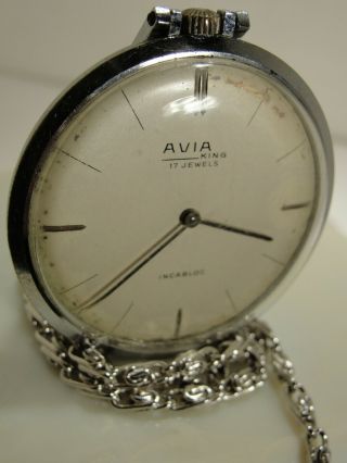Vintage Avid King Pocket Watch Swiss Made Open Face,  16 Inch Chain